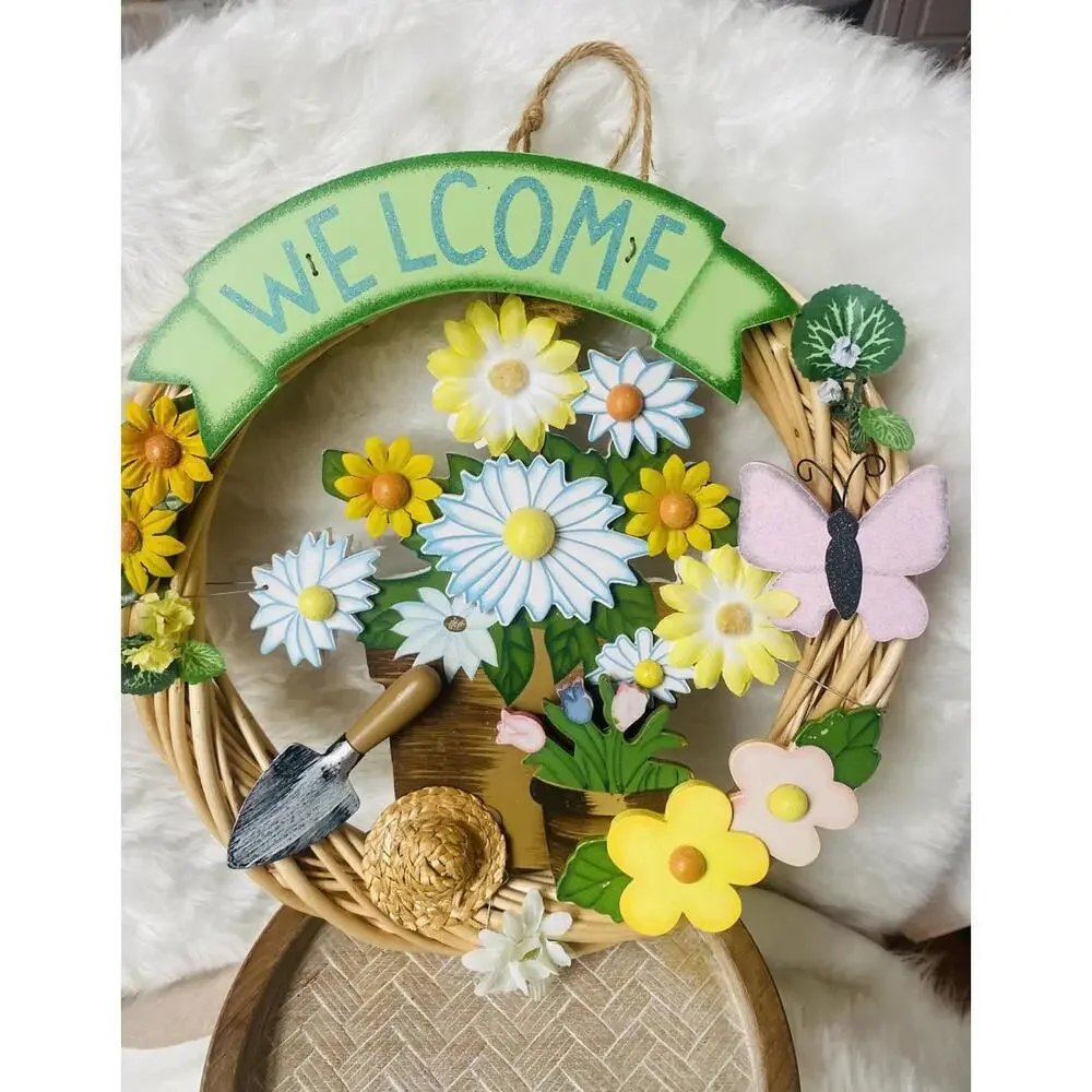 Decorative Welcome Wreath with Flowers and Butterfly